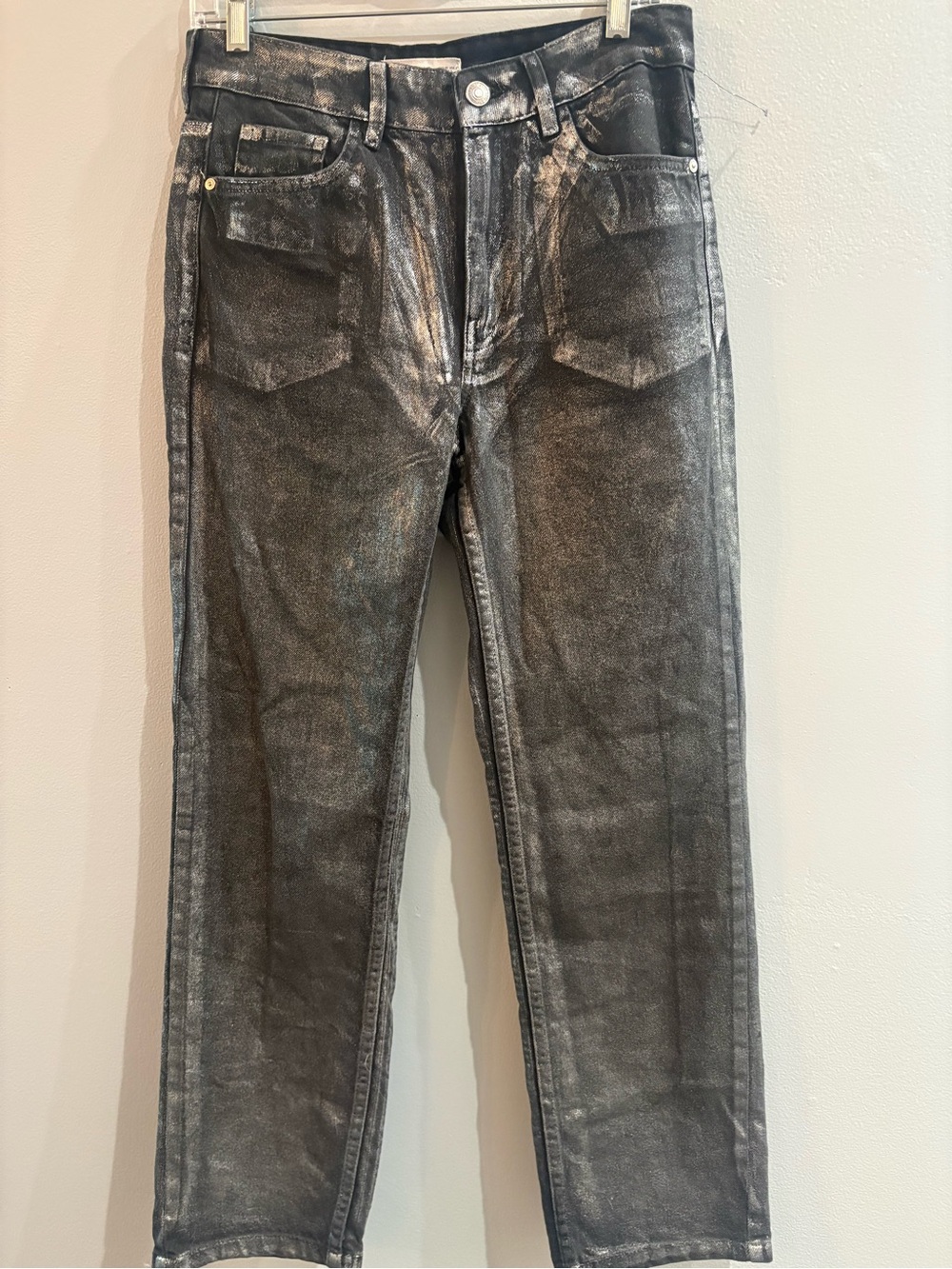 Mango MNG Women`s SHIMMER Black Metallic Effect Jeans size US 6